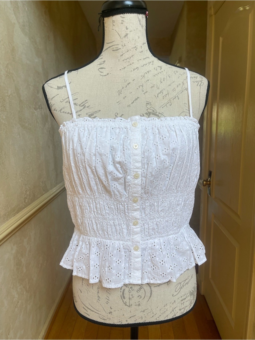 LOFT White Eyelet Button Down Smocked Peplum Cami Top Sz M Cottagecore Aesthetic - Picture 2 of 7